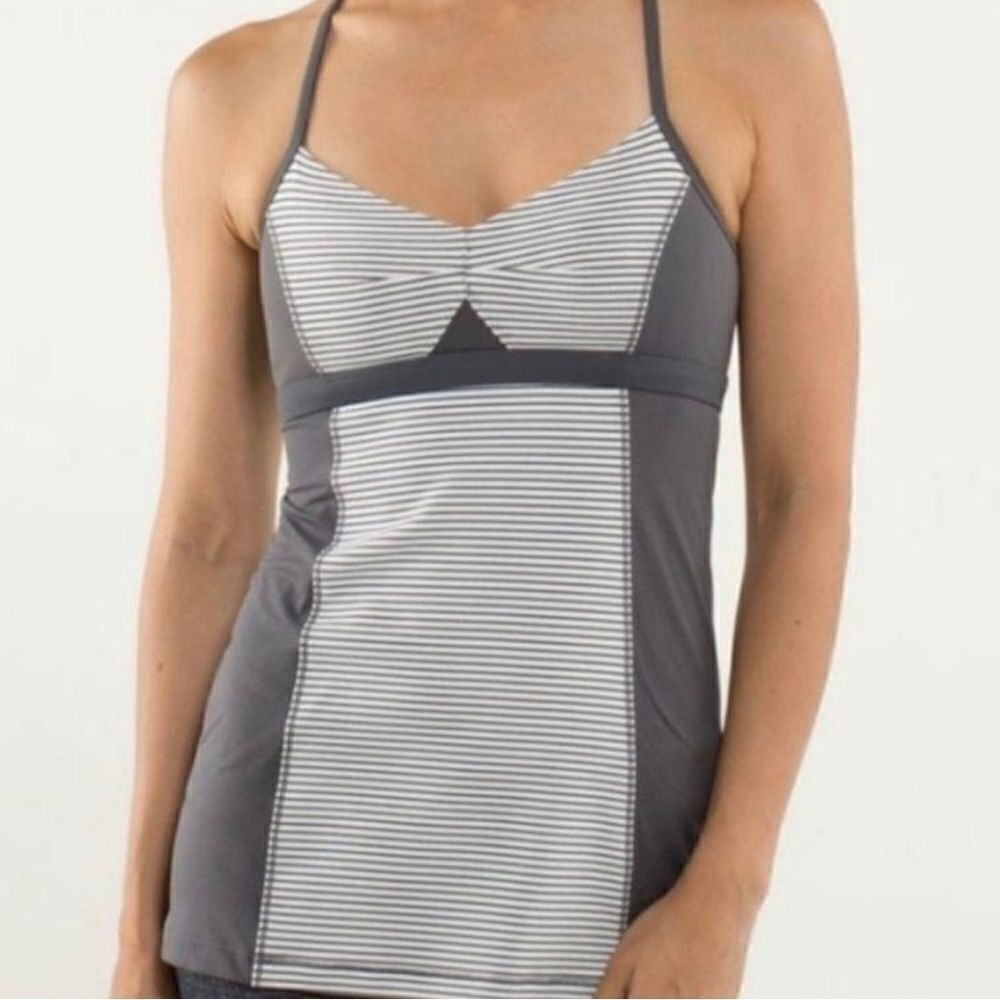 Lululemon Athletic Bend and Flow Stripe Yoga Workout Top Gray White